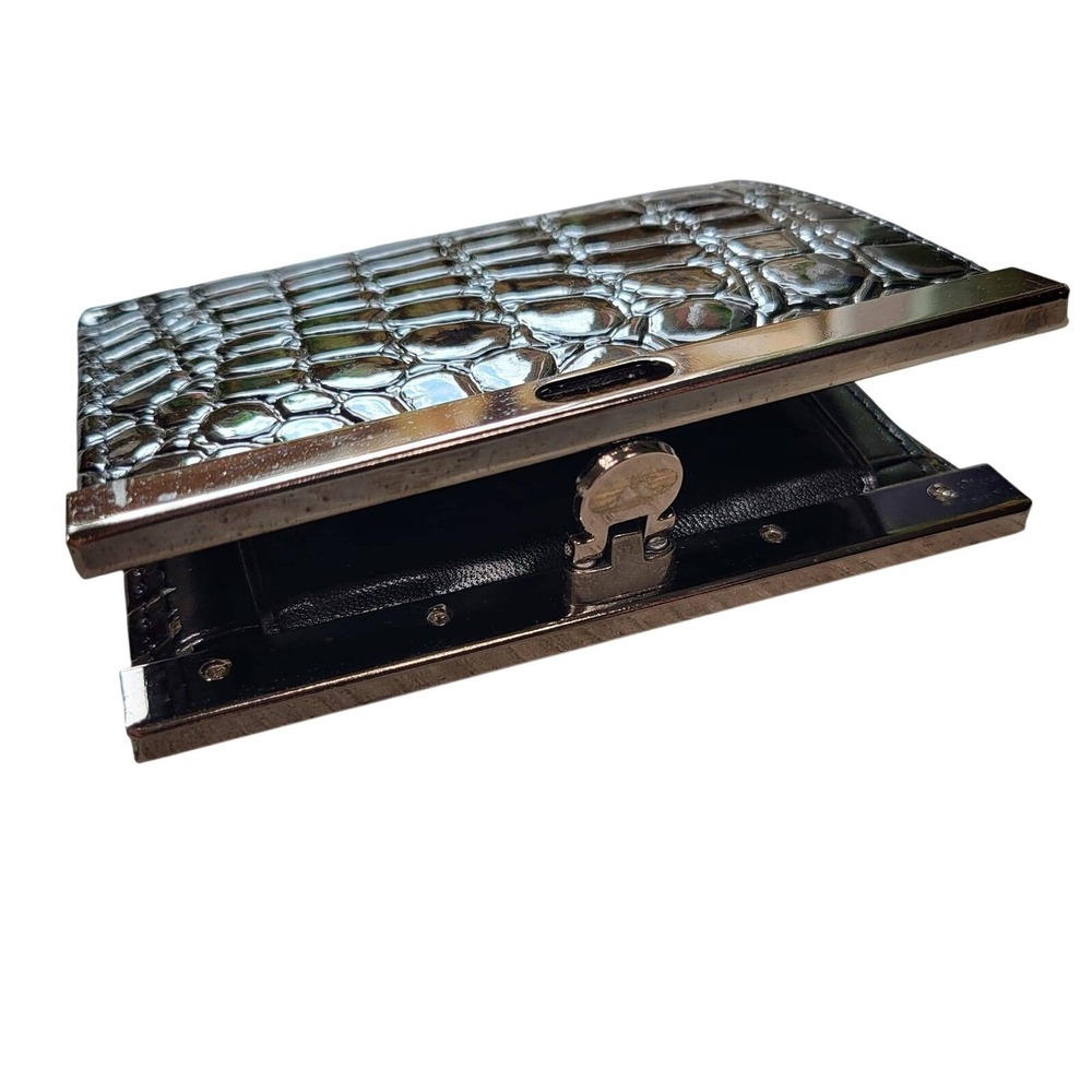 Auspicious Black Croc Embossed Metal Frame Bifold Wallet with Coin Pocket